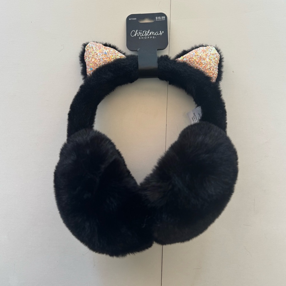 Black fuzzy ear muffs with sparkly cat ears